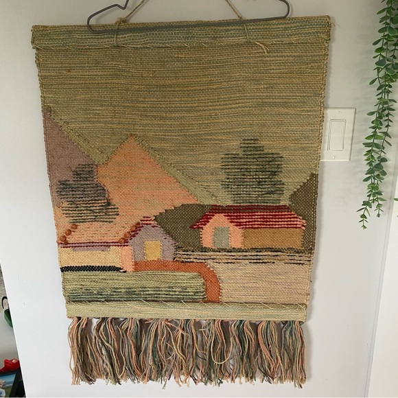Vintage Handmade Rustic Boho Charming Village Scene Tapestry with Fringe - Picture 11 of 15